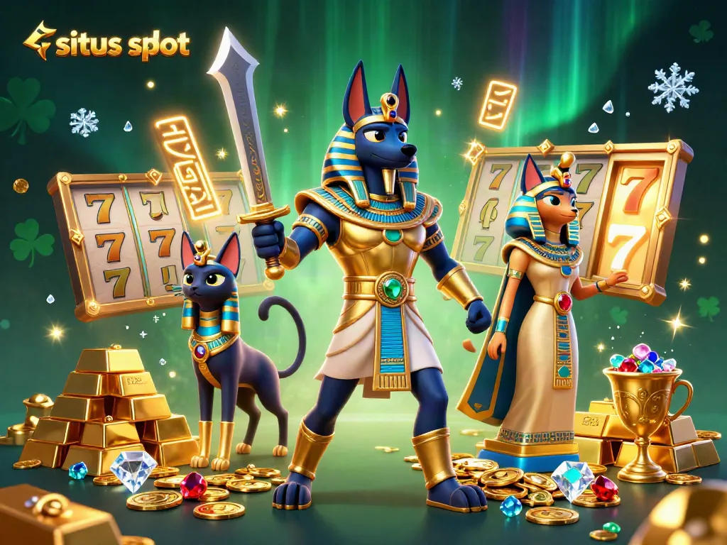 Menangkan jackpot di situs slot dengan Anubis dan Bastet yang dikelilingi emas dan permata.