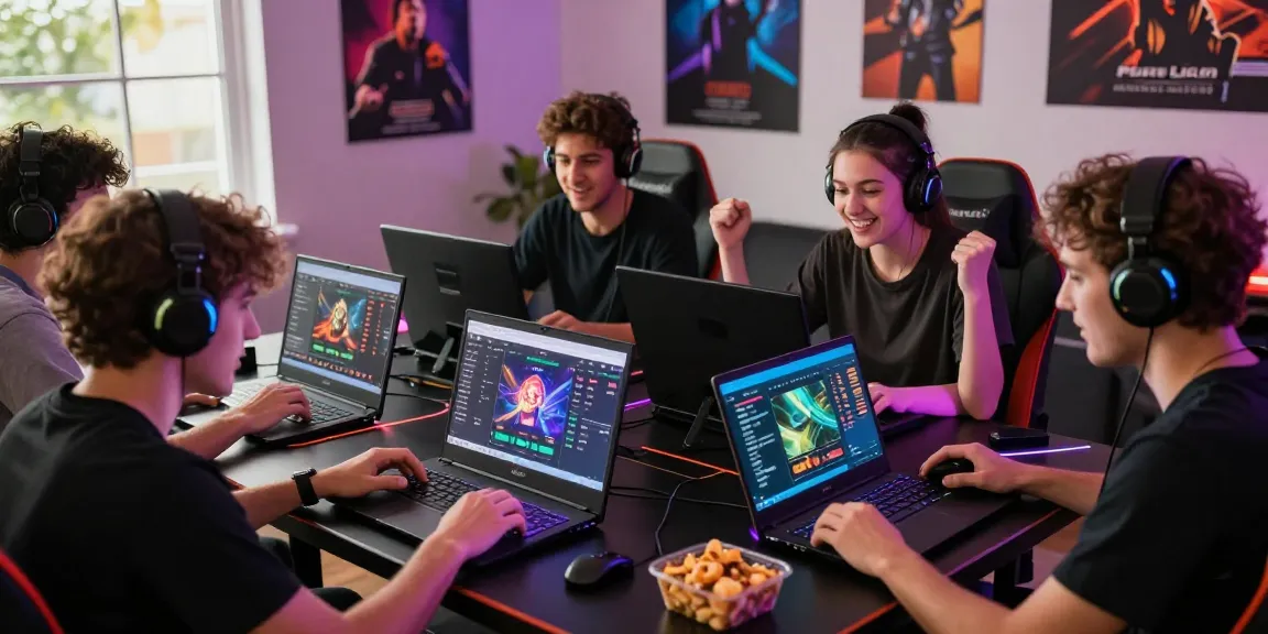 Exciting gaming experience showcasing friends engaged with lotus365 platform on laptops and tablets.