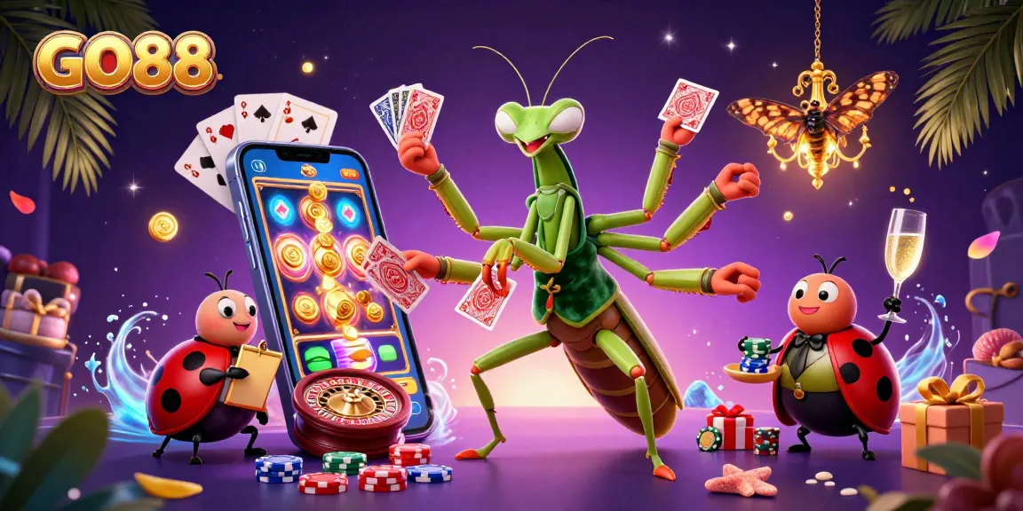GO88 showcases a lively casino scene with a giant praying mantis and ladybug characters engaging in card games.