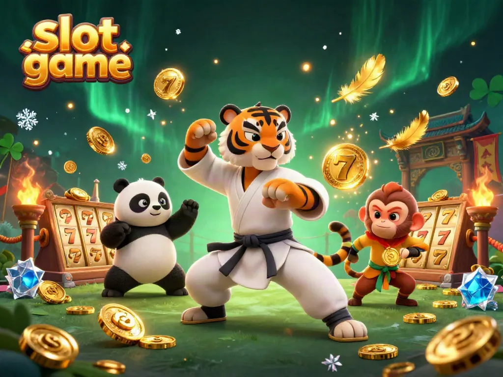 Experience the excitement of a slot game with dynamic characters, shimmering reels, and vibrant elements.