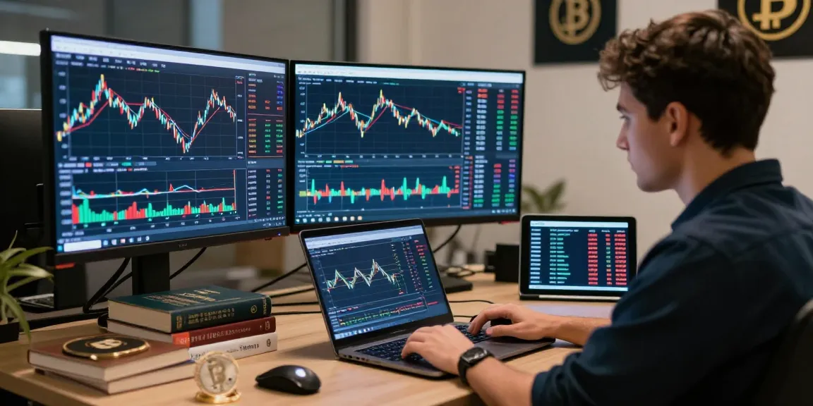 Торговый процесс на bitmex бирже с анализом графиков и цифровыми устройствами в современном офисе.