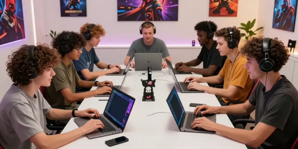 Enthusiastic gamers exploring unsurtoto platform in a vibrant gaming space.