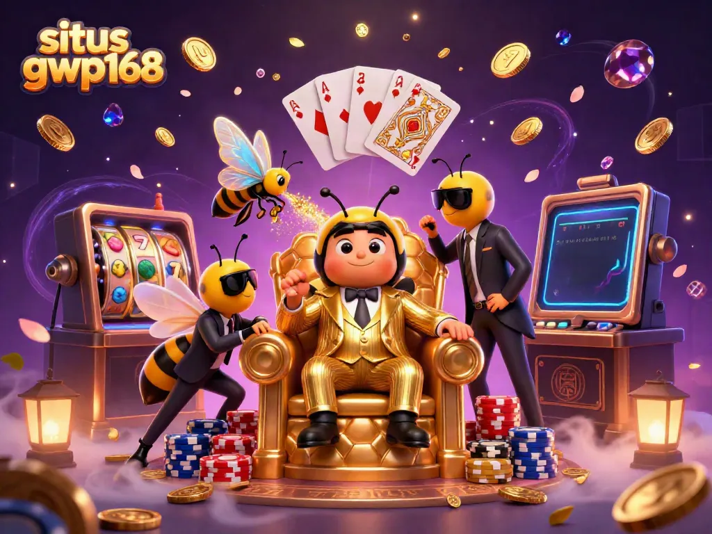 Slot mesin dan karakter karakter kasino dalam ilustrasi 3D "situs gwp168" yang menawan.