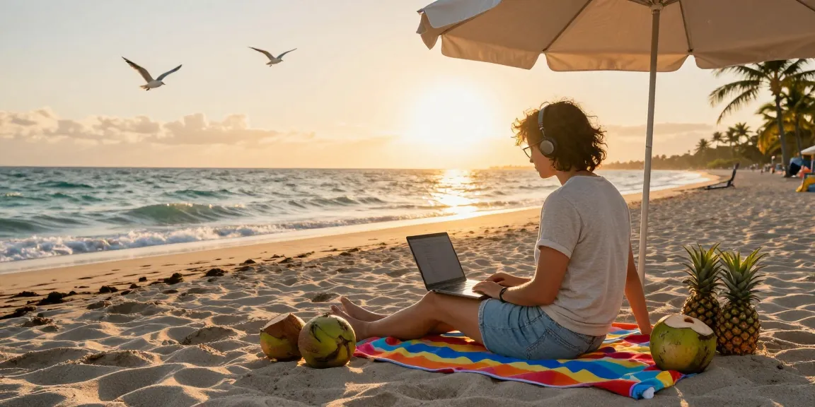 Gambaran seorang blogger di https://miami4d.com/ yang bekerja di pantai Miami sambil menikmati suasana tropis yang hangat.