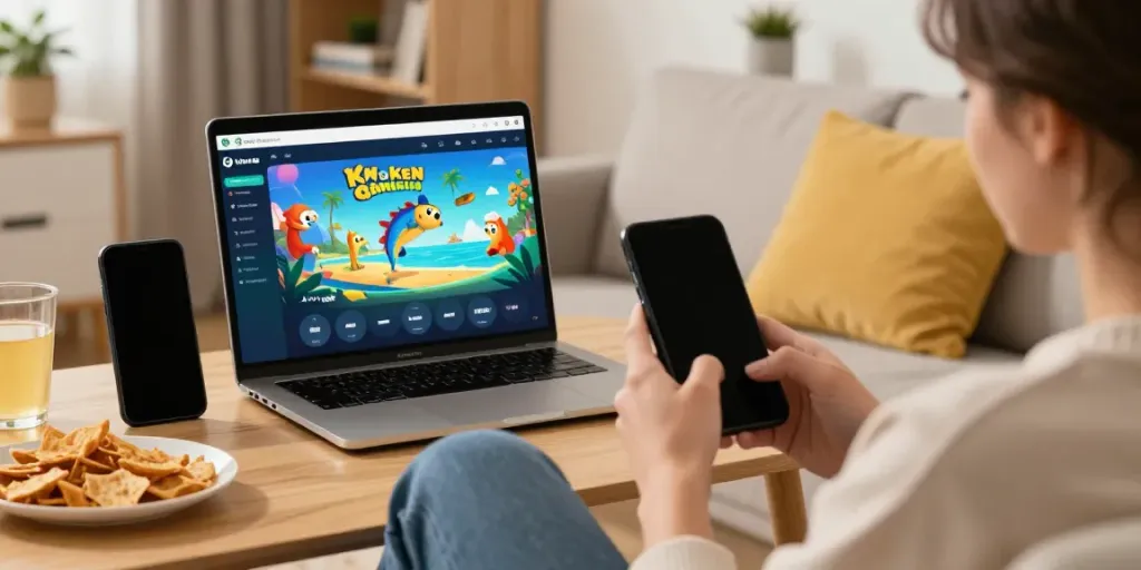 Engaged player enjoying Yono Games app on smartphone in cozy living room.