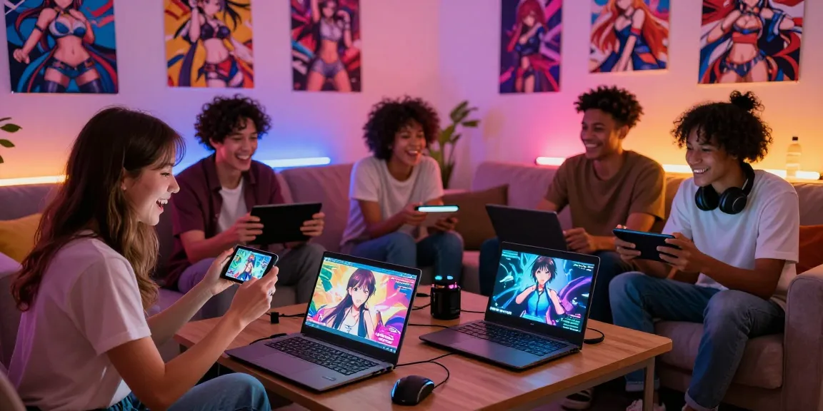 Friends playing and enjoying hentai games on mobile devices and laptops in a lively gaming atmosphere.