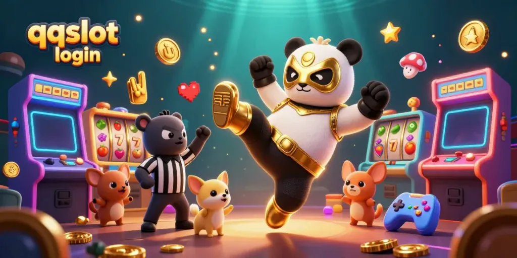 Join the excitement of qqslot login with a vibrant casino scene featuring a wrestling panda!