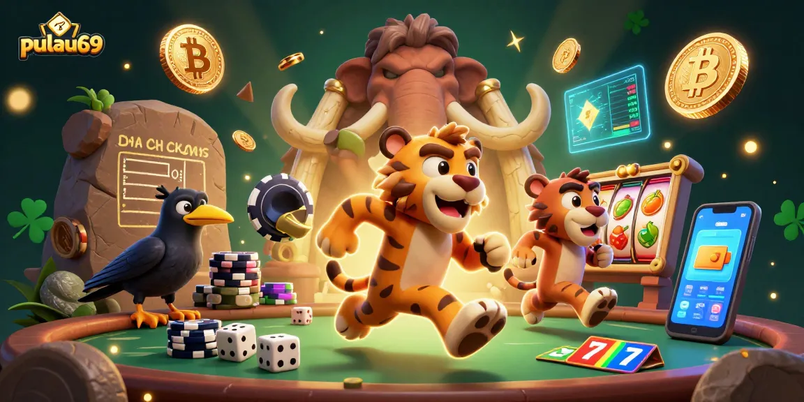 Engage in thrilling casino gameplay with pulau69, featuring a dynamic prehistoric scene of a caveman and sabertooth tiger