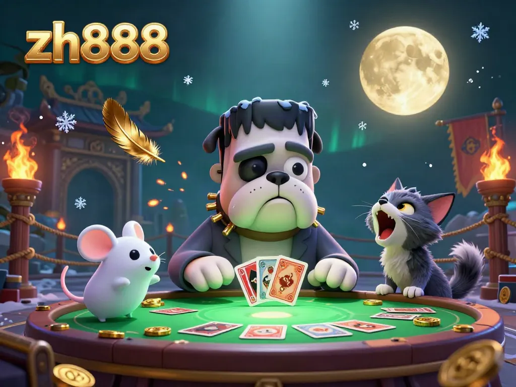 Experience thrilling card games with zh888 at a spooky table, complete with unique fantasy characters and magical elements.