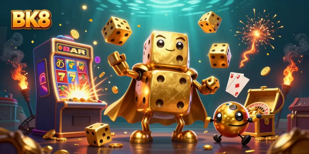 Experience thrilling gameplay at BK8 with dynamic casino characters, golden dice, and jackpot excitement.
