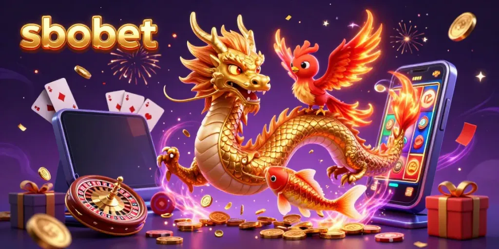 Engage in sbobet betting with vibrant 3D illustration of a dragon, phoenix, and koi fish among gambling elements.