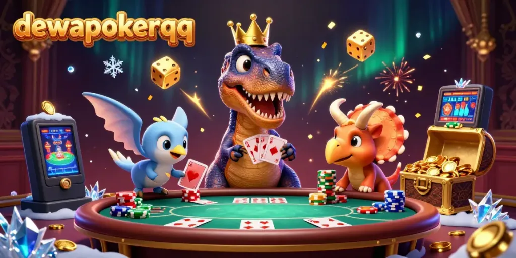 Experience thrilling poker excitement with dewapokerqq featuring cartoon characters at a lively game table.