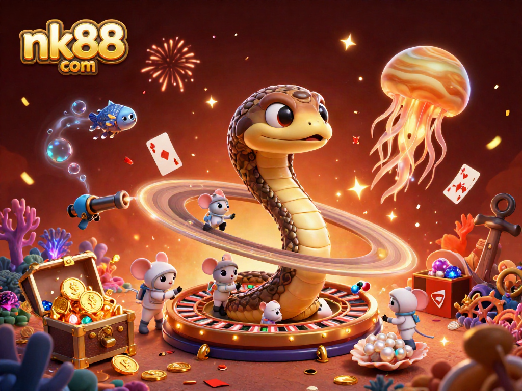 Experience the thrill of nk88 com with astronaut mice betting around a cosmic roulette wheel in a vivid casino scene.