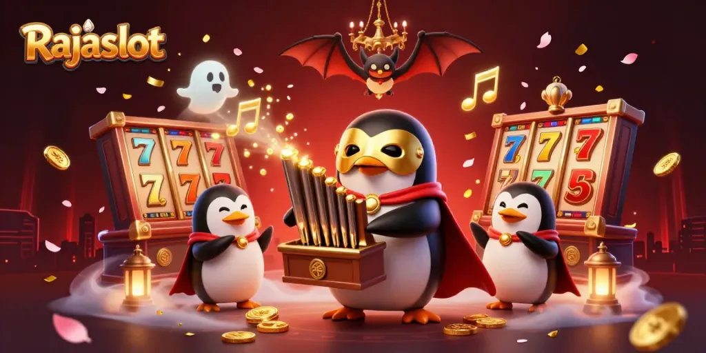 Rajaslot menampilkan pengalaman bermain slot dengan karakter penguin dan elemen kasinonya.