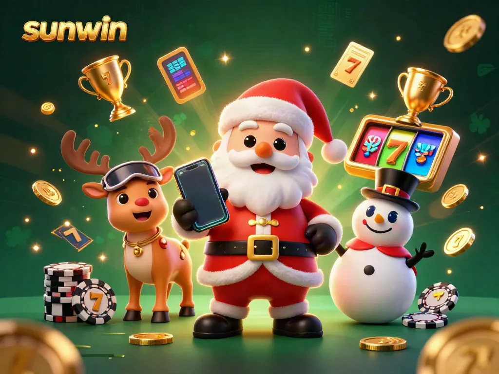 Experience the excitement of sunwin slots with Santa Claus and his friends celebrating jackpots in a vibrant casino.