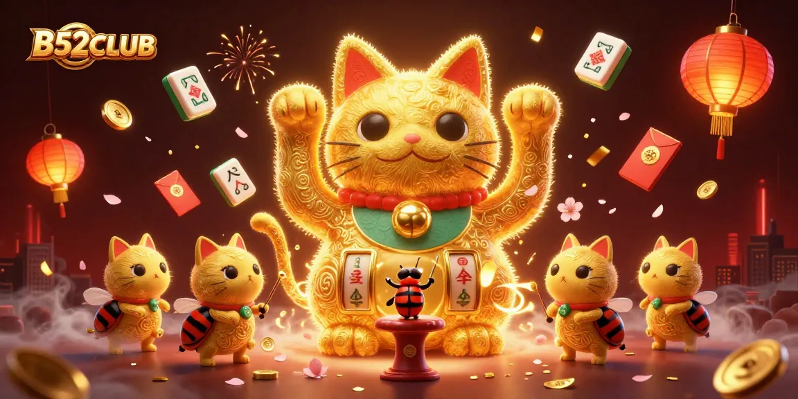 B52CLUB inspires excitement with a dynamic scene of a lucky cat formed by fireflies amidst floating casino symbols.