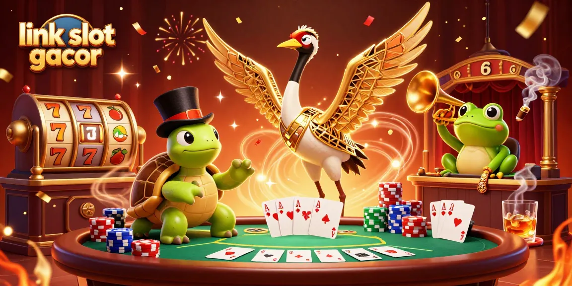 Mainkan link slot gacor dengan karakter kartun 3D yang menarik dan elemen kasino meriah di latar belakang.