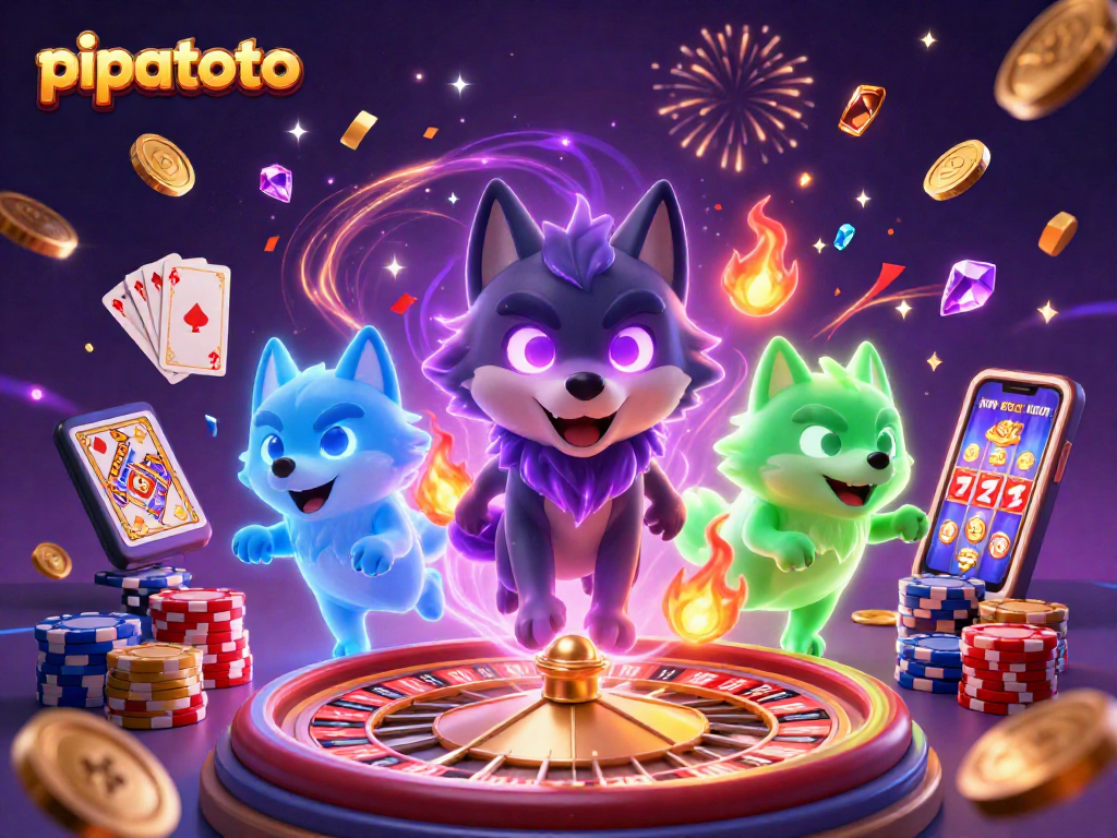 Pipatoto leads a dynamic 3D casino scene with glowing wolves, slots, and festive elements.