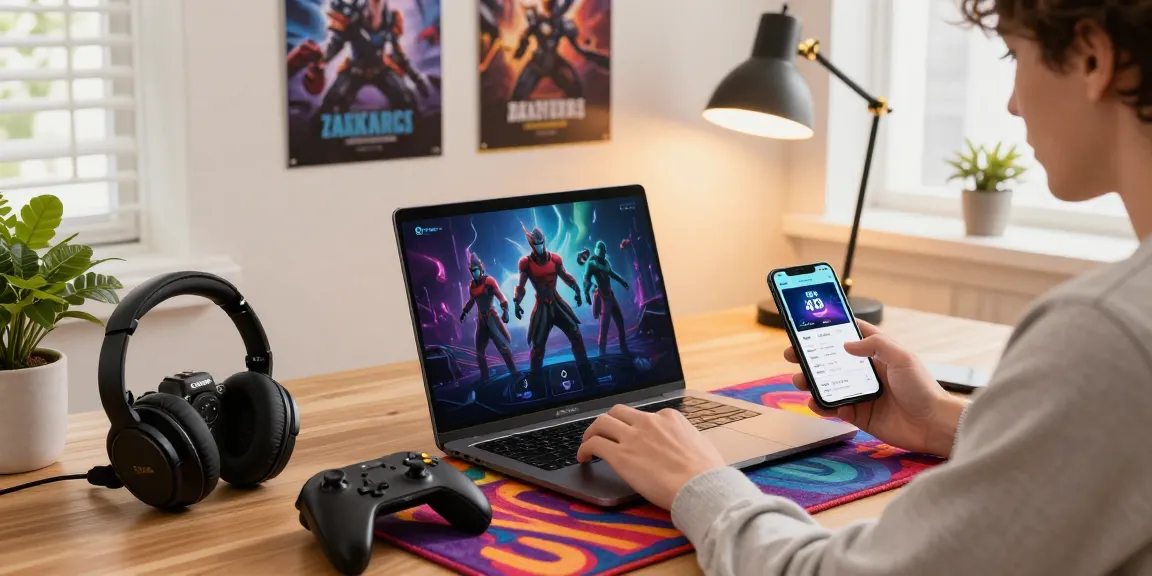 Pengguna bermain game diana 4d di laptop dengan aksesori gaming di sekitar, menciptakan suasana yang energik dan modern.