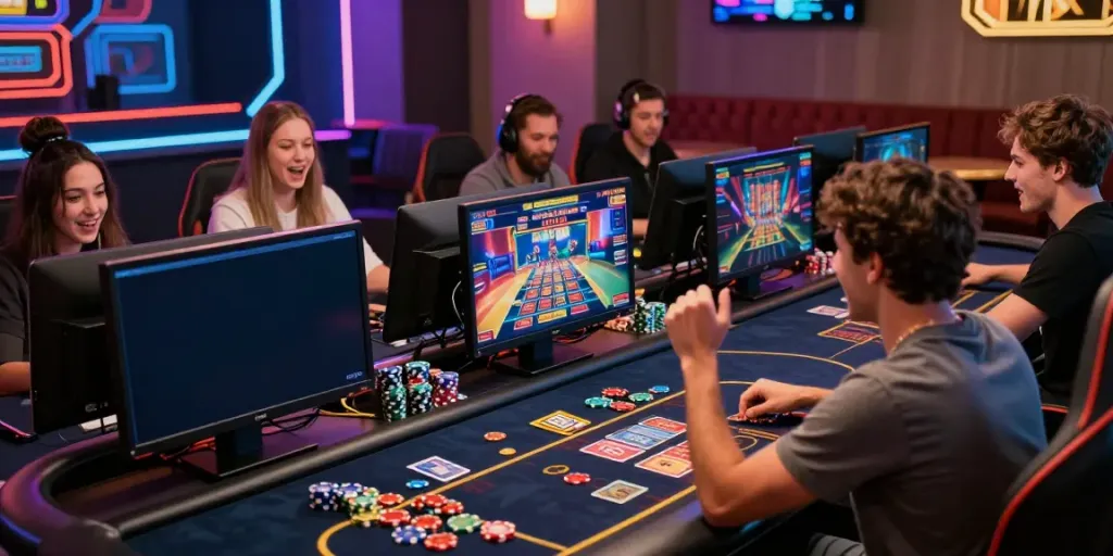 Dynamic online gaming scene with akunjp players celebrating wins in a vibrant setting.