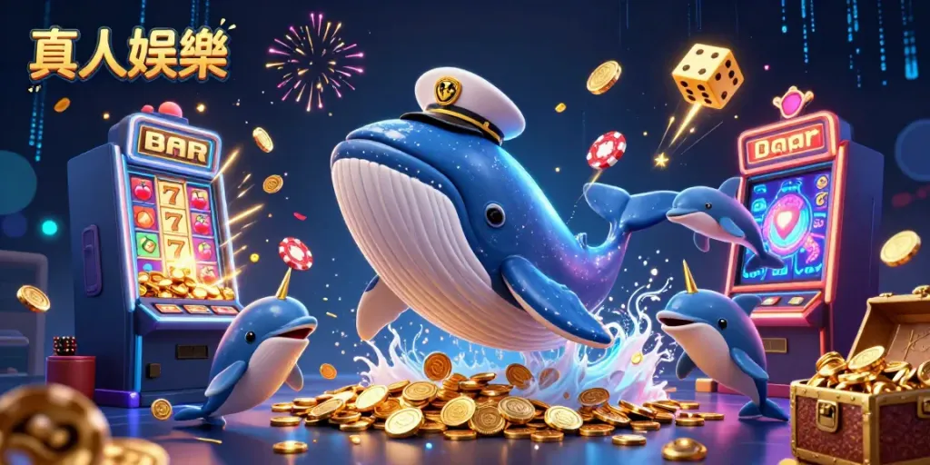 Experience the excitement of 真人娛樂 with a whimsical 3D scene featuring a whale, narwhal, and dolphins celebrating with coins and casino games.