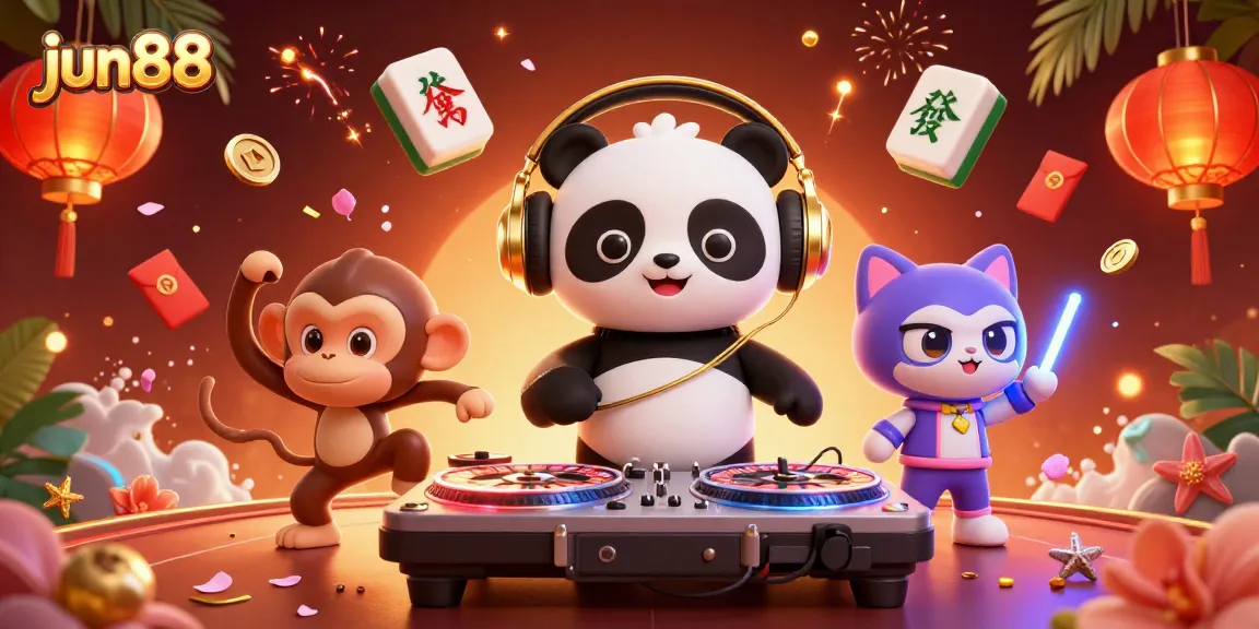 Experience the excitement of jun88 with a vibrant 3D illustration featuring a DJ panda and lively characters.