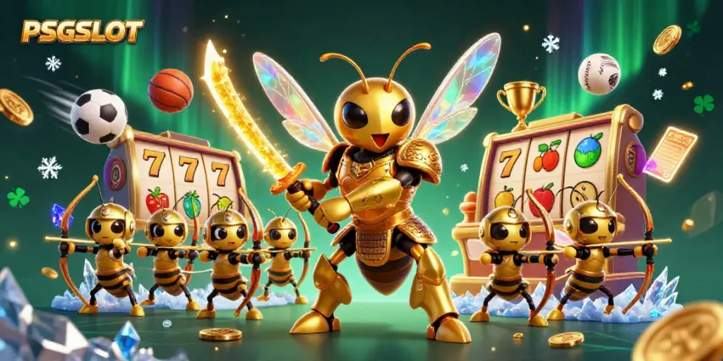PSGSLOT menghadirkan visual menarik dengan hornet emas dan elemen kasino yang dinamis.
