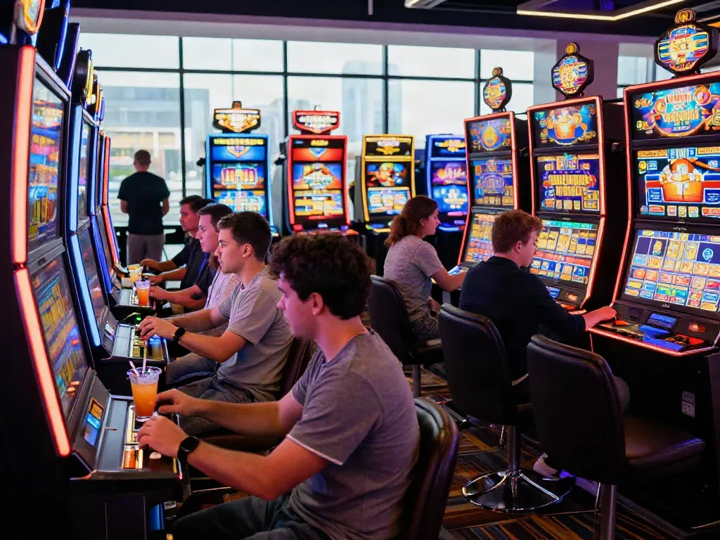 Exciting slot machine gaming scene in a lively casino with players and vibrant lights