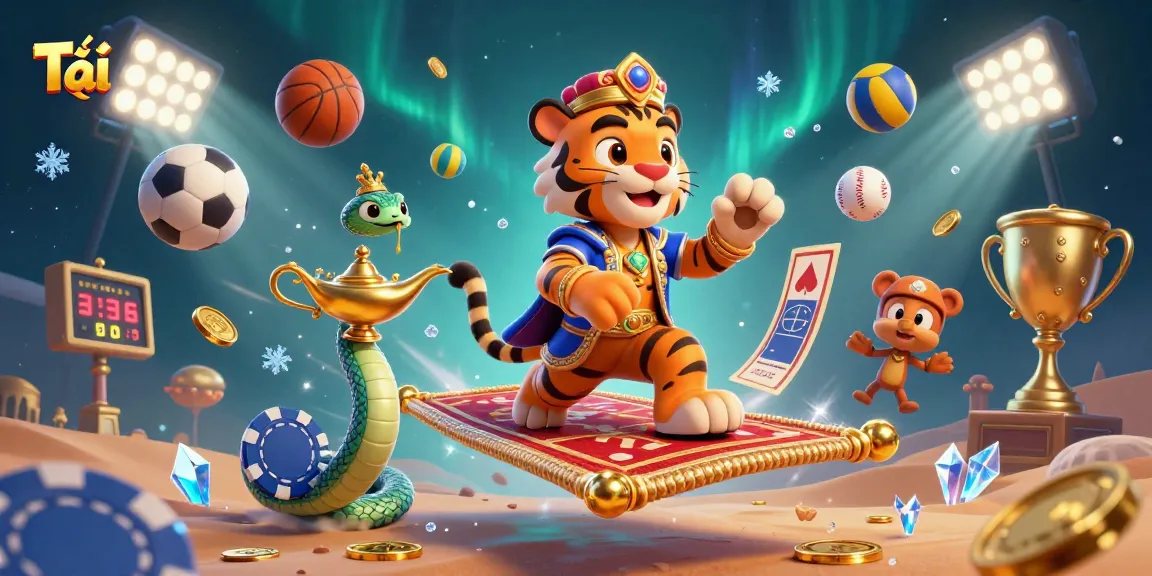 Tài xỉu game scene with an Arabian Nights-themed sultan on a poker chips carpet, showcasing vibrant gambling elements.