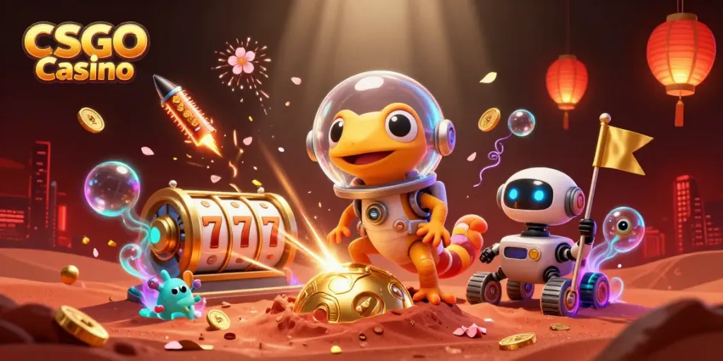 Martian gecko explores a golden CSGO Casino with vibrant casino elements, celebrating wins.