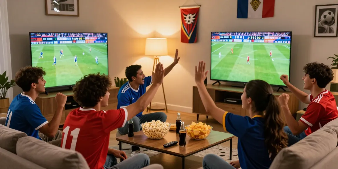Cheering friends enjoying a live football match, ضغط هنا للمشاهدة for today's games.