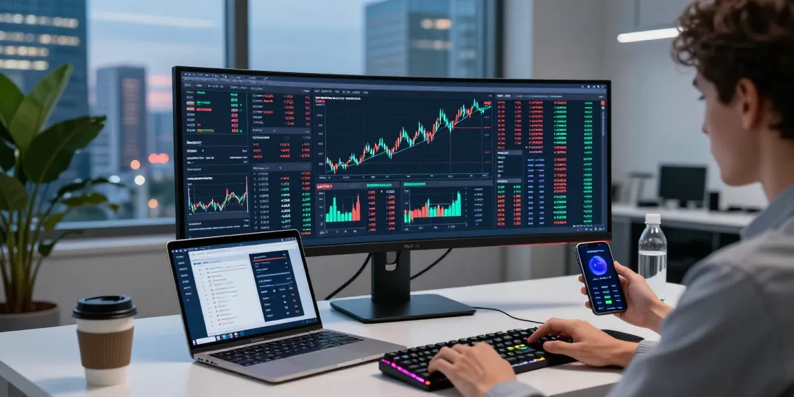 Play exchange in a vibrant crypto trading workspace featuring live Bitcoin charts, a digital wallet interface, and high-tech devices.
