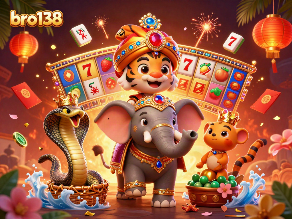 Experience the thrill of bro138 with a vibrant 3D casino scene showcasing majestic characters and dynamic slot elements.