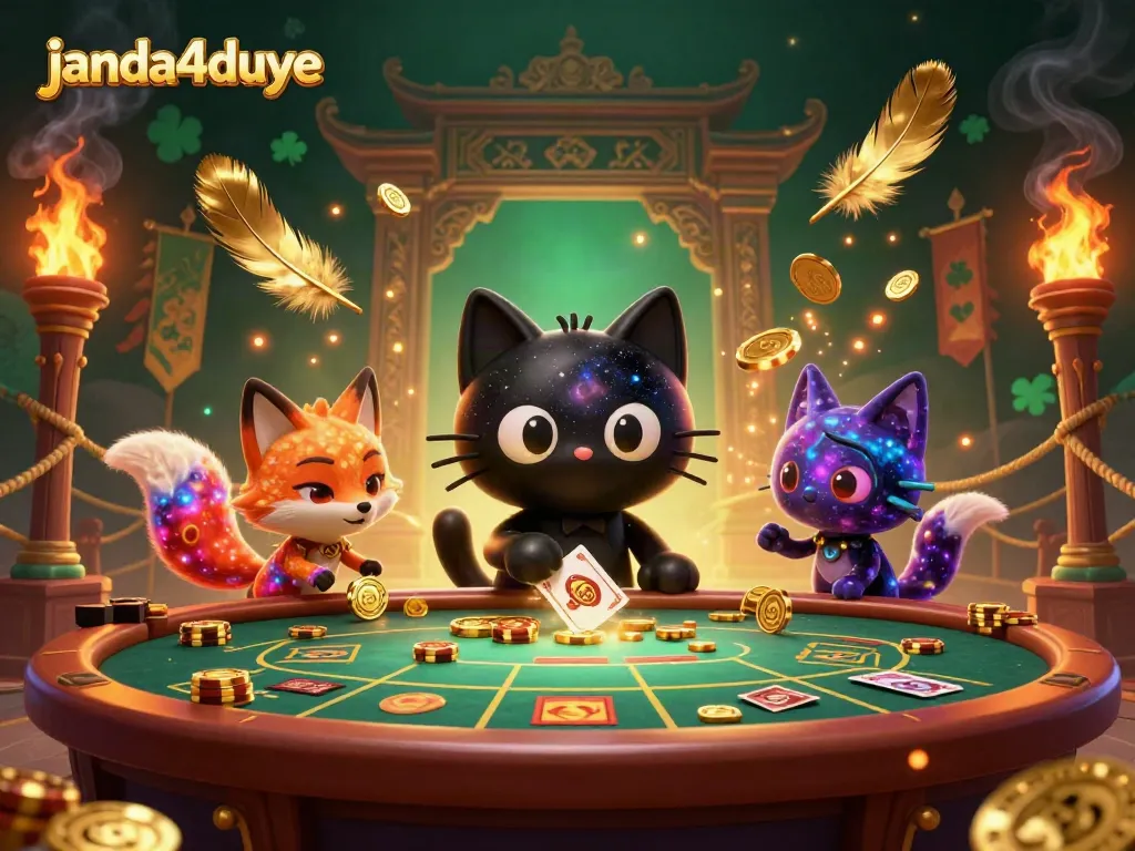 janda4duye merasakan sensasi bermain di kasino dengan kucing hitam yang menarik chip emas dan kartu.