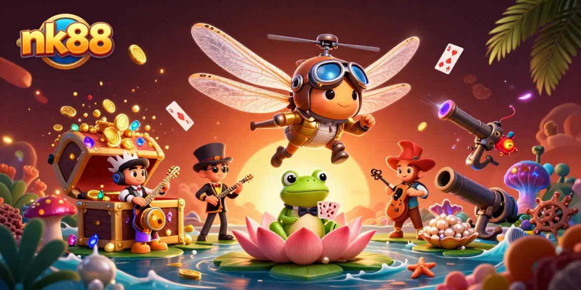 Experience nk88's dynamic gaming scene with a captivating dragonfly pilot and frog croupier.