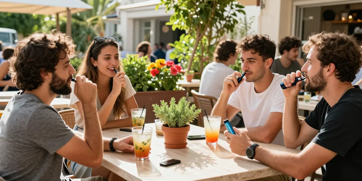 What is the legal vaping age in Cyprus observed by friends sharing CBD-infused drinks and vape devices in a sunny outdoor setting.