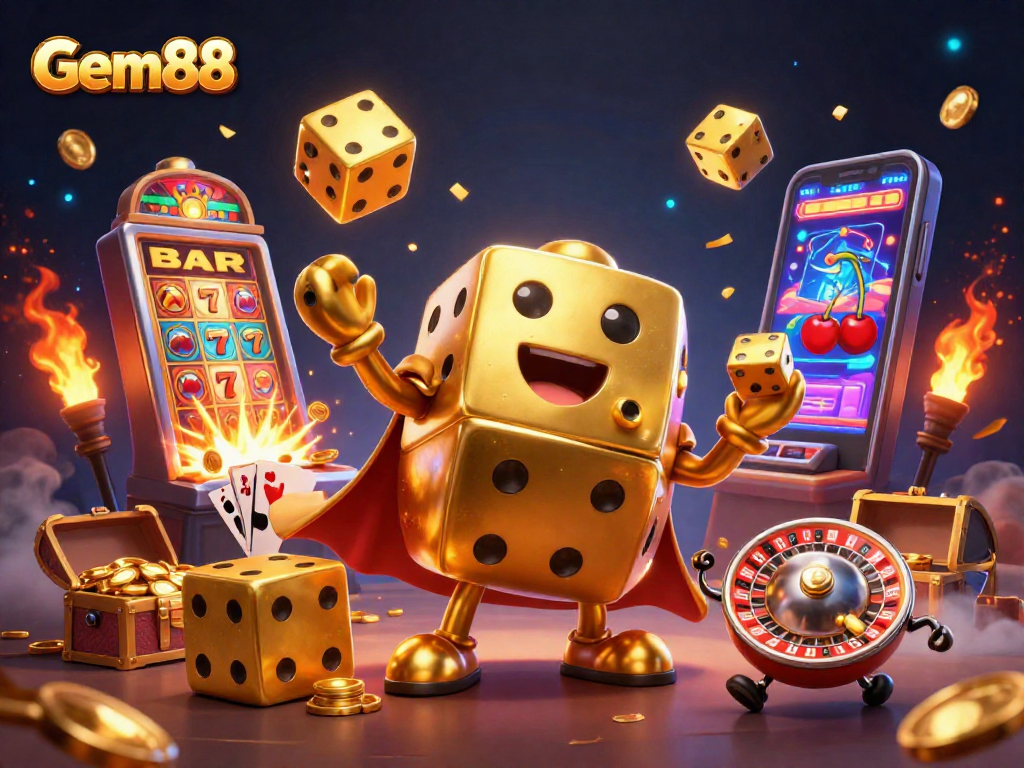 Experience Gem88's vibrant casino gaming world with dynamic golden dice and jackpot excitement.