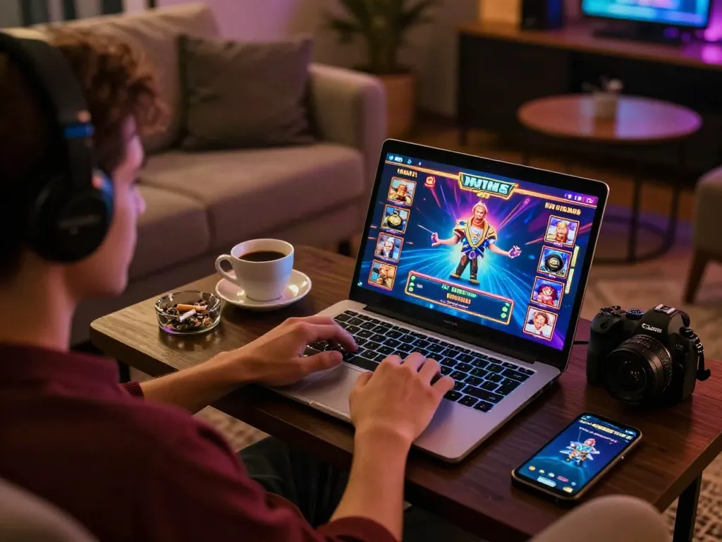 luxury12 online slot gaming scene with player enjoying coffee and vibrant graphics