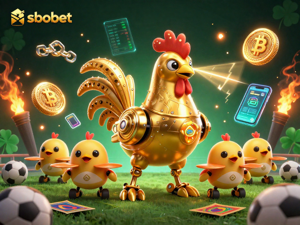 SboBet players enjoy dynamic betting experiences with sports-themed robot and vibrant cryptocurrency elements.