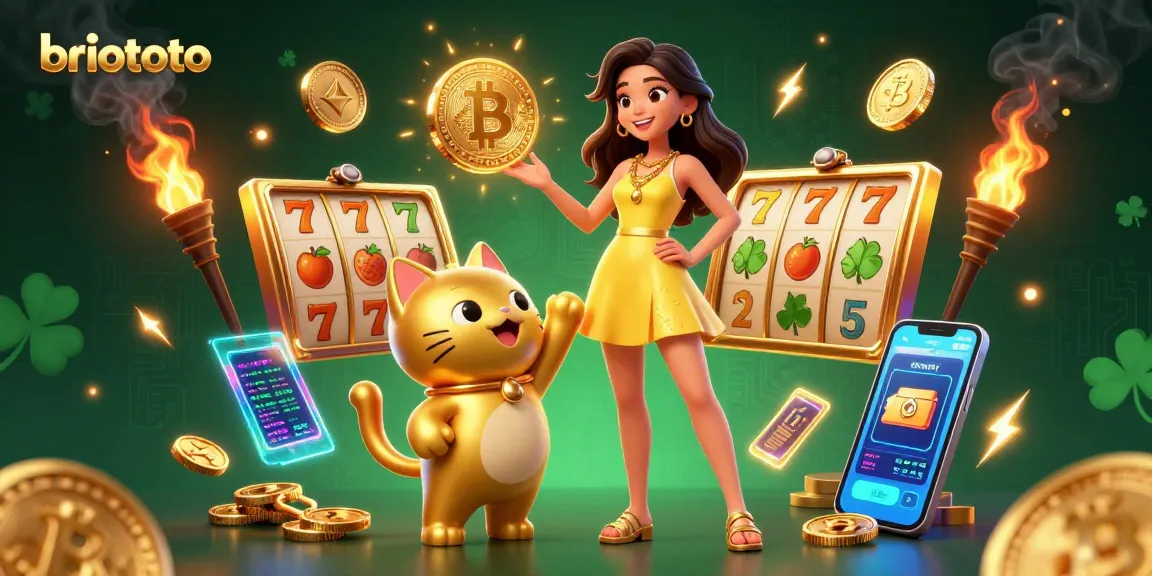 Experience the thrill of briototo with vibrant slot reels, lucky symbols, and crypto elements.