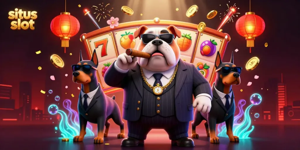 Gambarkan situs slot dengan bulldog mafia, penjaga Doberman, dan simbol permainan mengelilinginya.