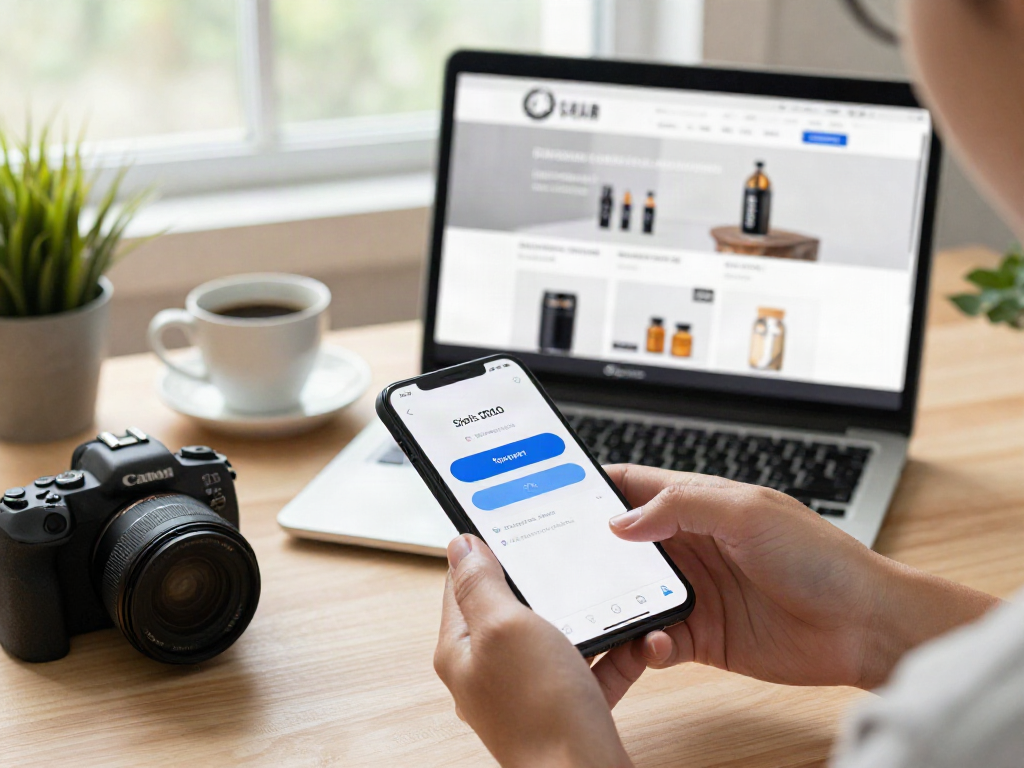 Secure online payment process for slot qris 5000 on smartphone in a modern workspace.
