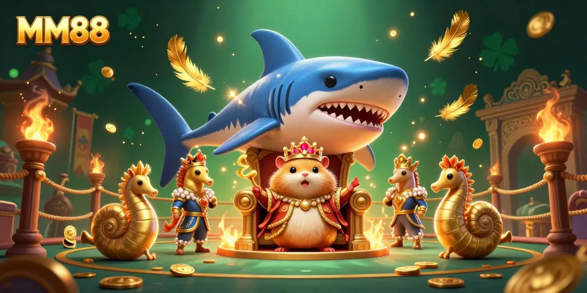 Engage in thrilling MM88 action with a golden hamster king surrounded by dynamic casino elements.