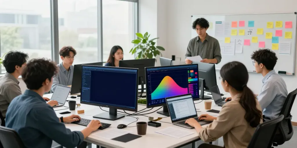 Marketing strategists developing a sabi4d digital strategy in a vibrant office.