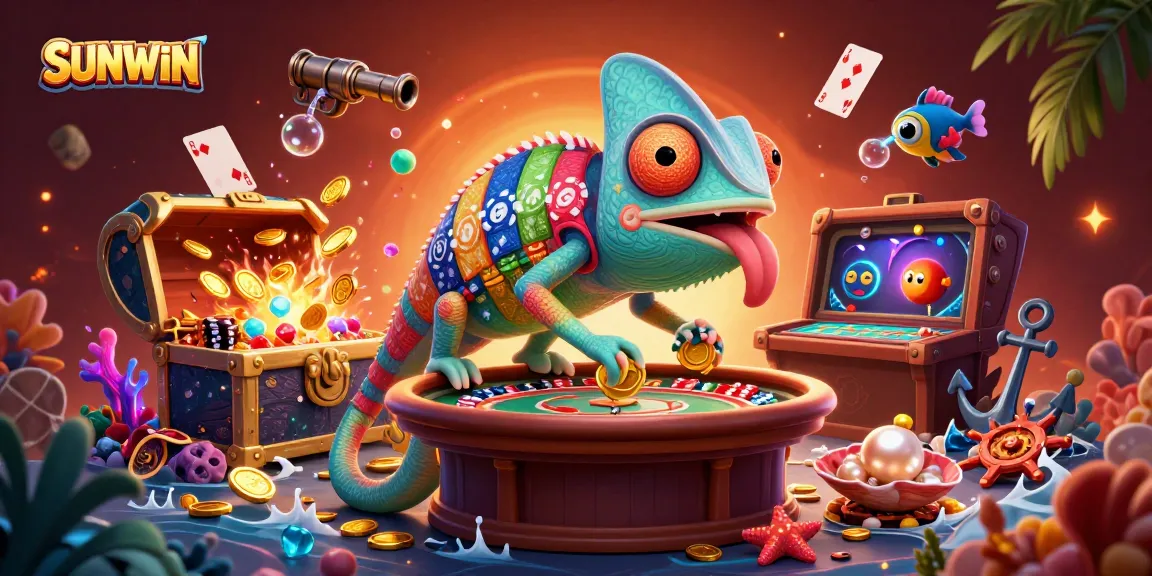 Experience the thrill at SUNWIN with a vibrant casino scene featuring a chameleon owner and lively game elements.