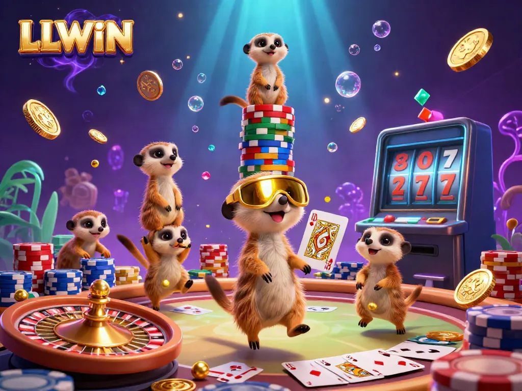Join the lively action at LLWIN casino with meerkats managing games amid flashing coins and colorful chips.