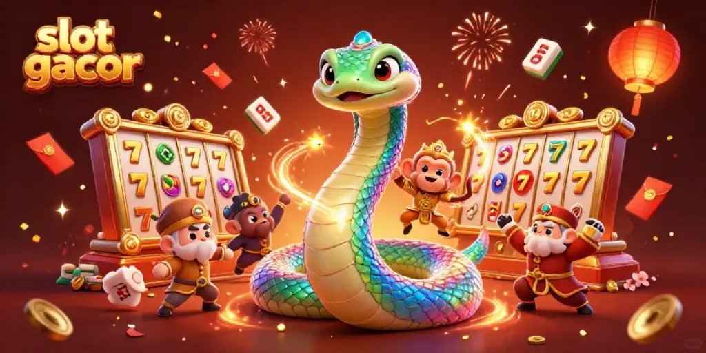 Engage in thrilling slot gacor action amidst a vibrant scene with a rainbow serpent and casino icons.