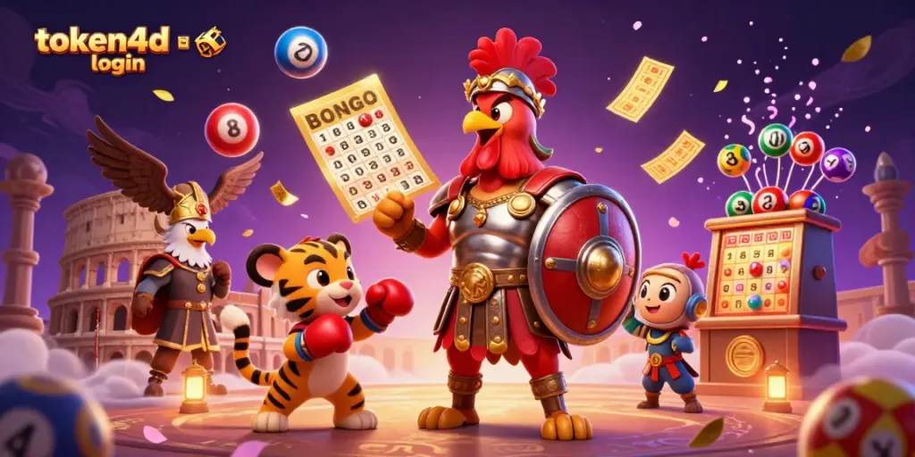 Ilustrasi 3D token4d login menunjukkan ayam jantan bertarung dengan bola lotere berwarna-warni.