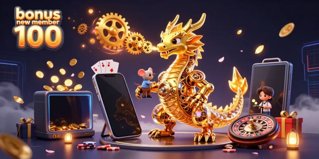 Experience thrilling wins with bonus new member 100 at the casino featuring a dragon and captivating gaming elements.