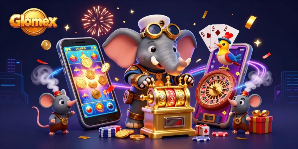 Engage with Glomex's dynamic gaming scene featuring colorful slot machines and festive decorations.